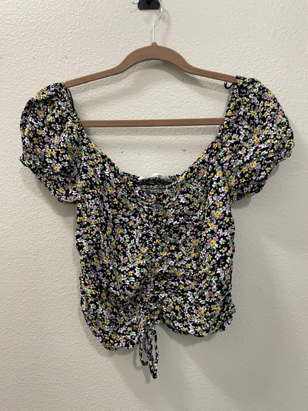 Elodie Black Floral Puff-Sleeve Tie-Front Top